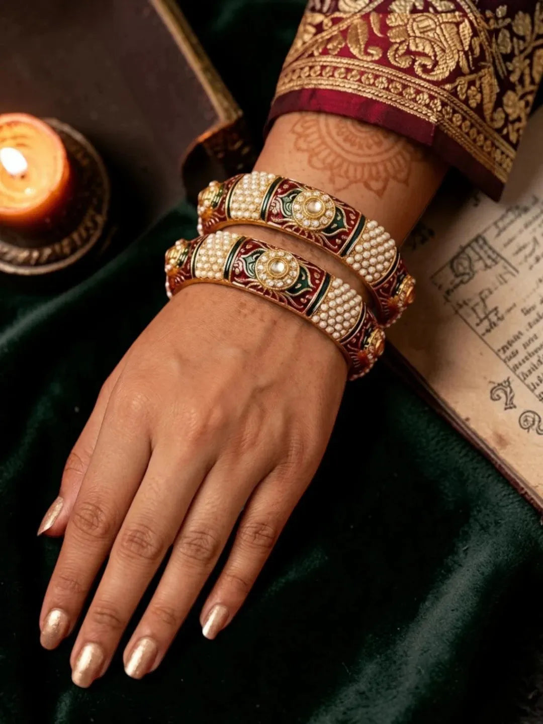 Gold Plated Set Of 2 Meenakari Moti Bangles