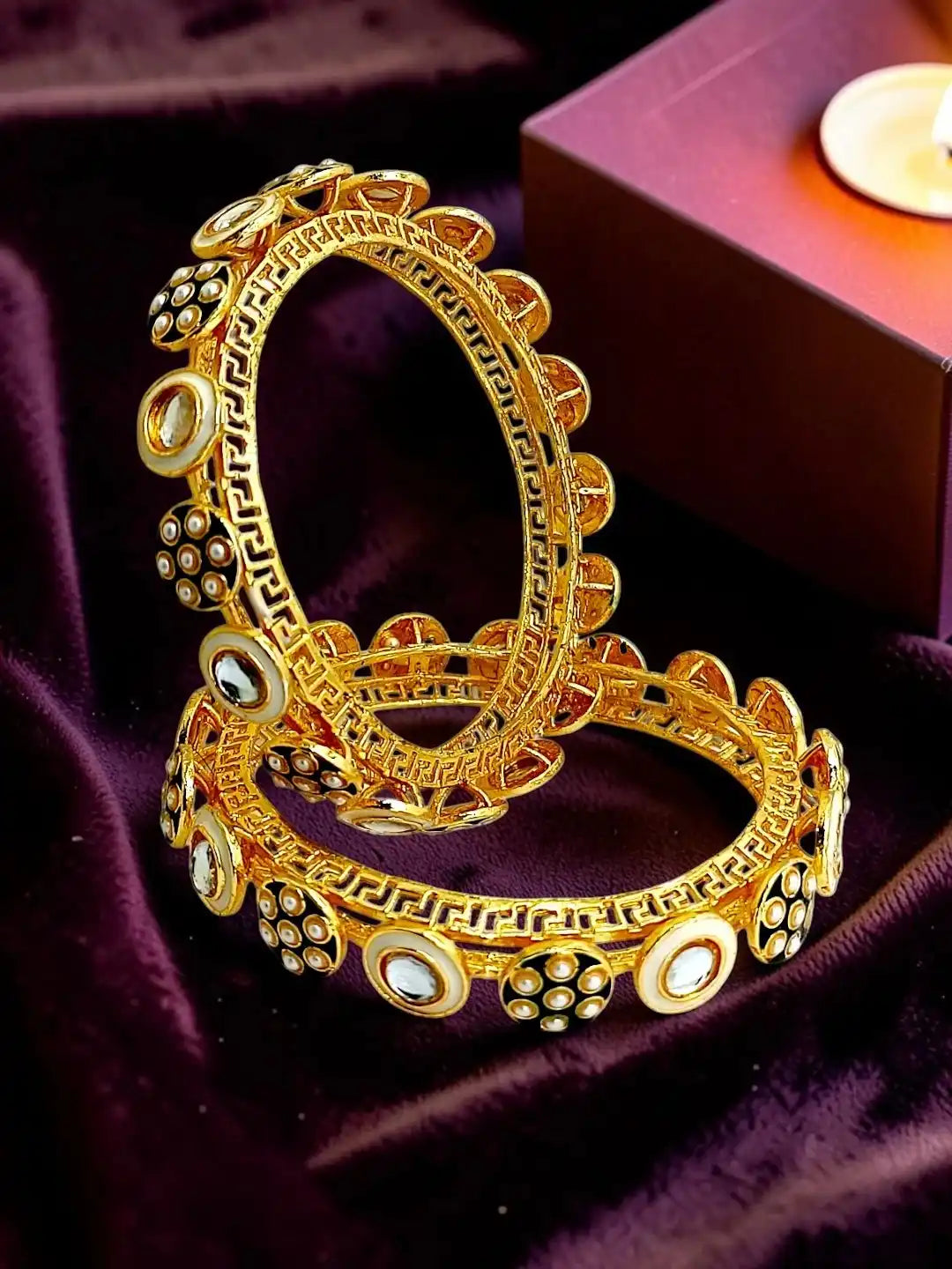 Set Of 2 Gold Plated Pacheli Kundan Kada Bangle Set