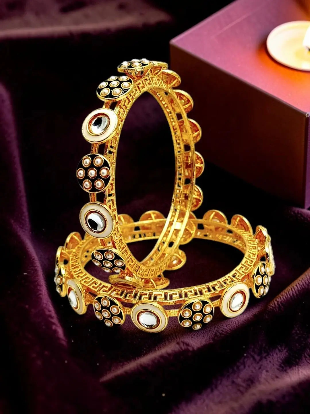 Set Of 2 Gold Plated Pacheli Kundan Kada Bangle Set