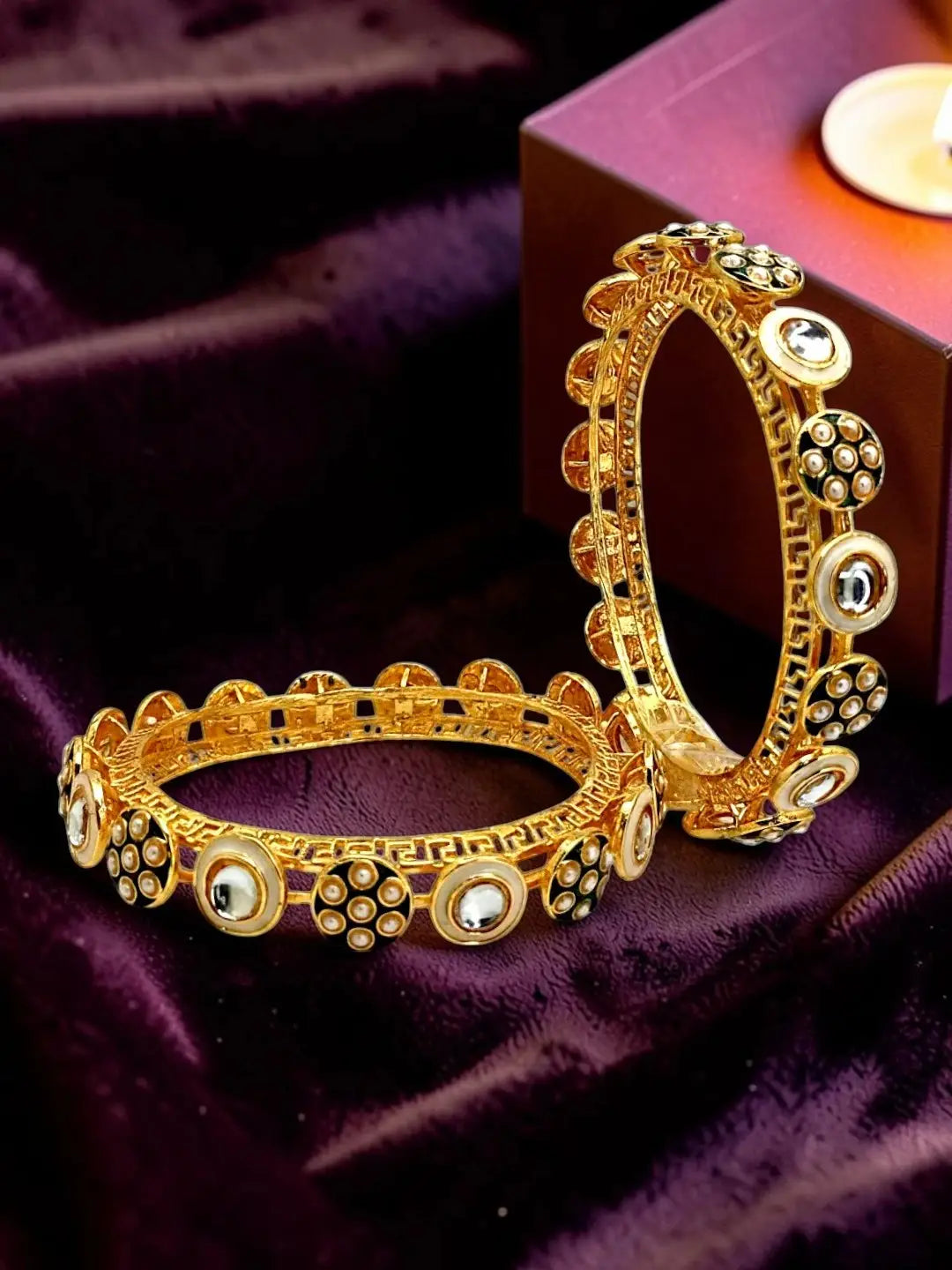 Set Of 2 Gold Plated Pacheli Kundan Kada Bangle Set