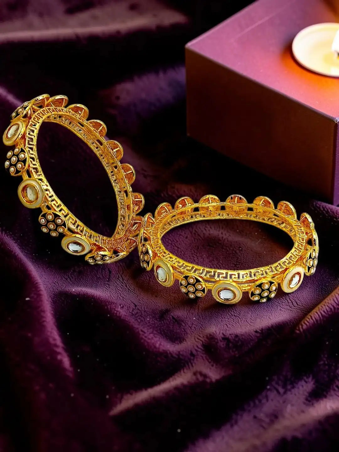 Set Of 2 Gold Plated Pacheli Kundan Kada Bangle Set