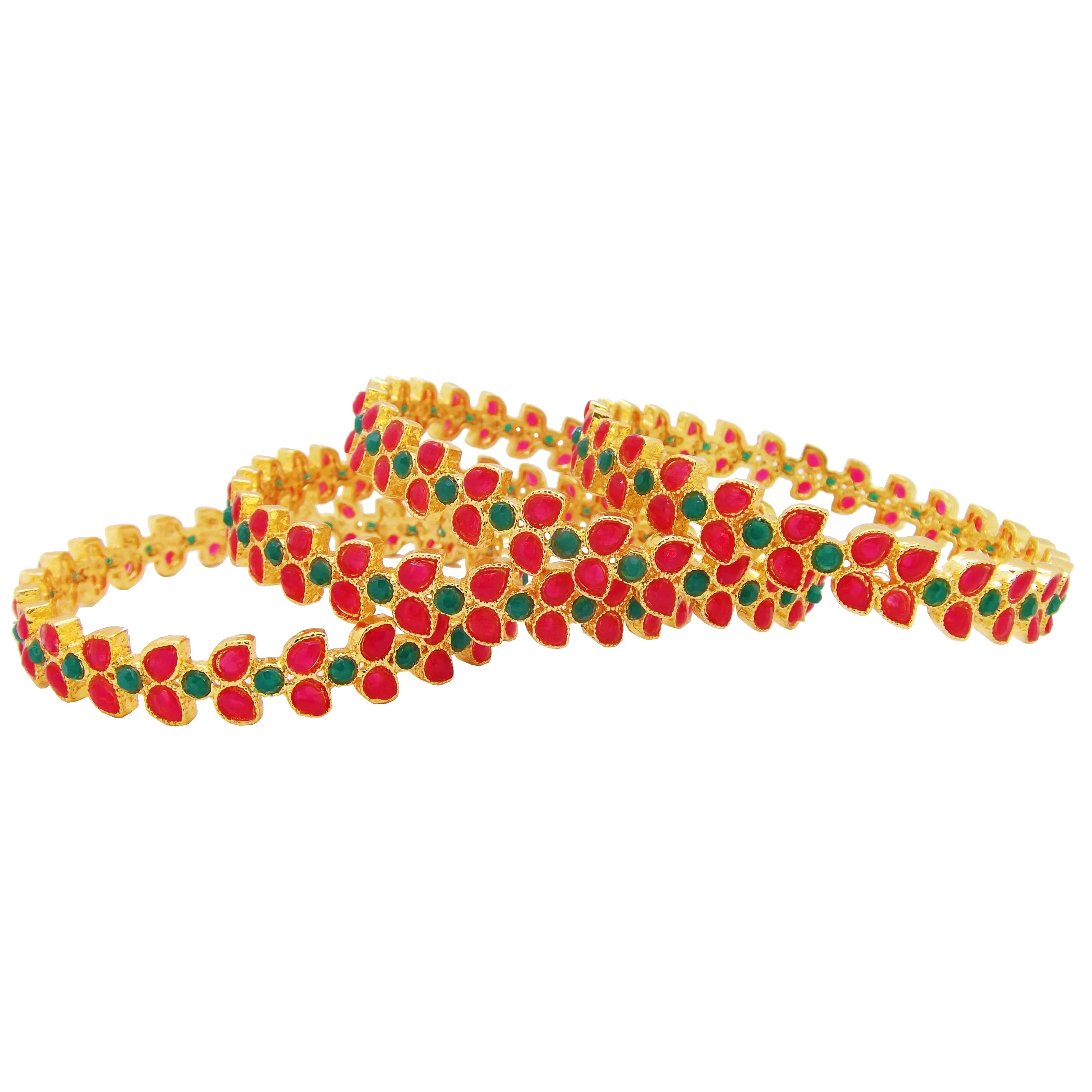 Traditional Floral Meenakari Gold Plated Multicolor Stud 4pc Kada Bangles
