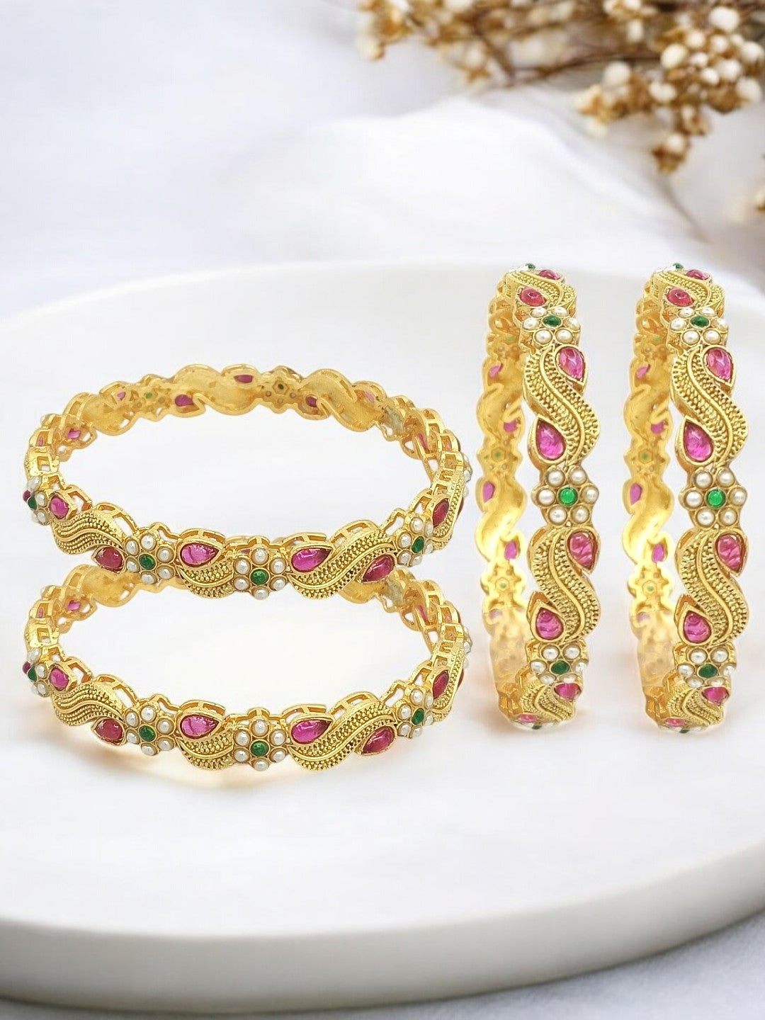 Set Of 4 Gold Plated Stone Studded Paisley Bangle Set