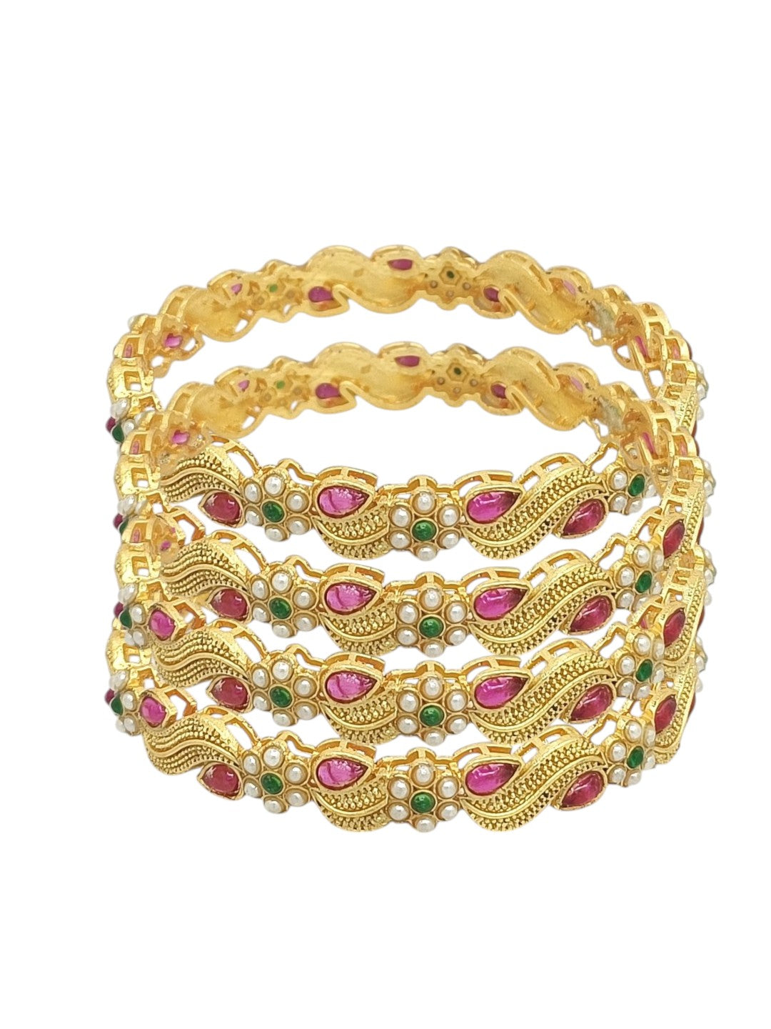 Set Of 4 Gold Plated Stone Studded Paisley Bangle Set