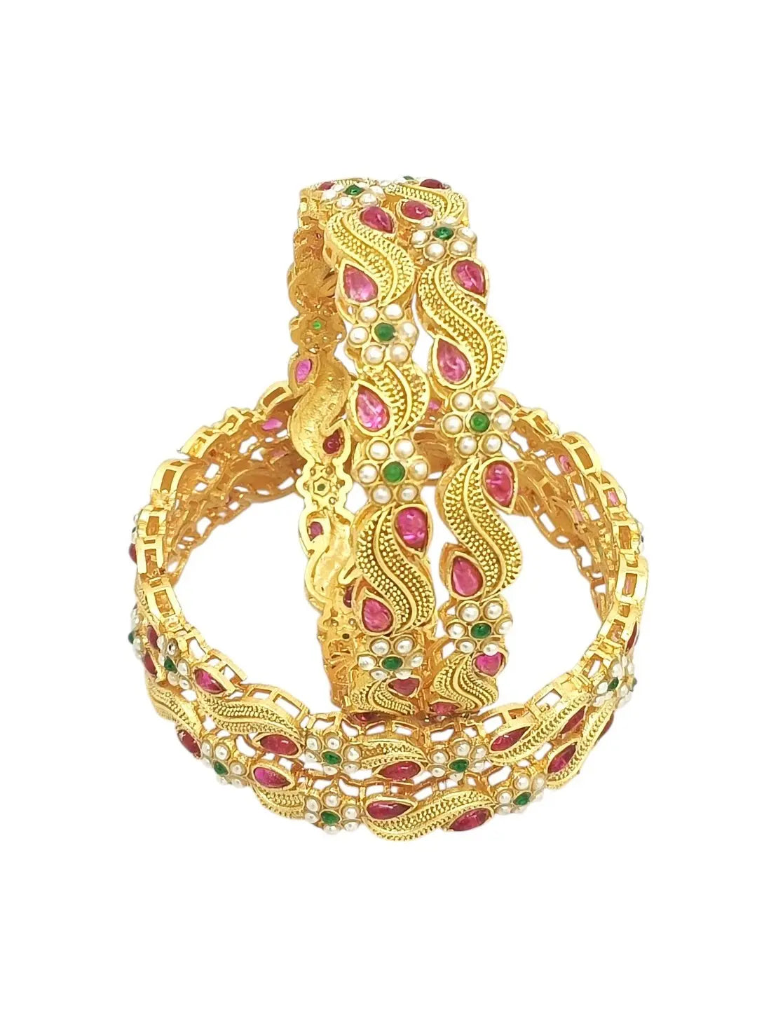Set Of 4 Gold Plated Stone Studded Paisley Bangle Set