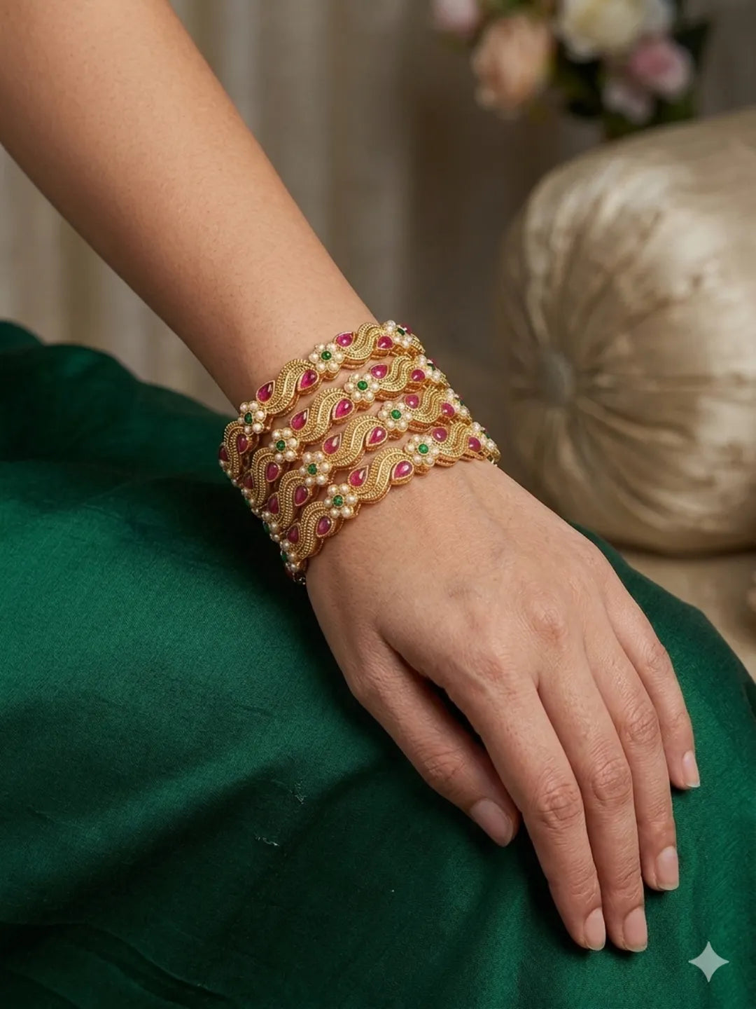 Set Of 4 Gold Plated Stone Studded Paisley Bangle Set