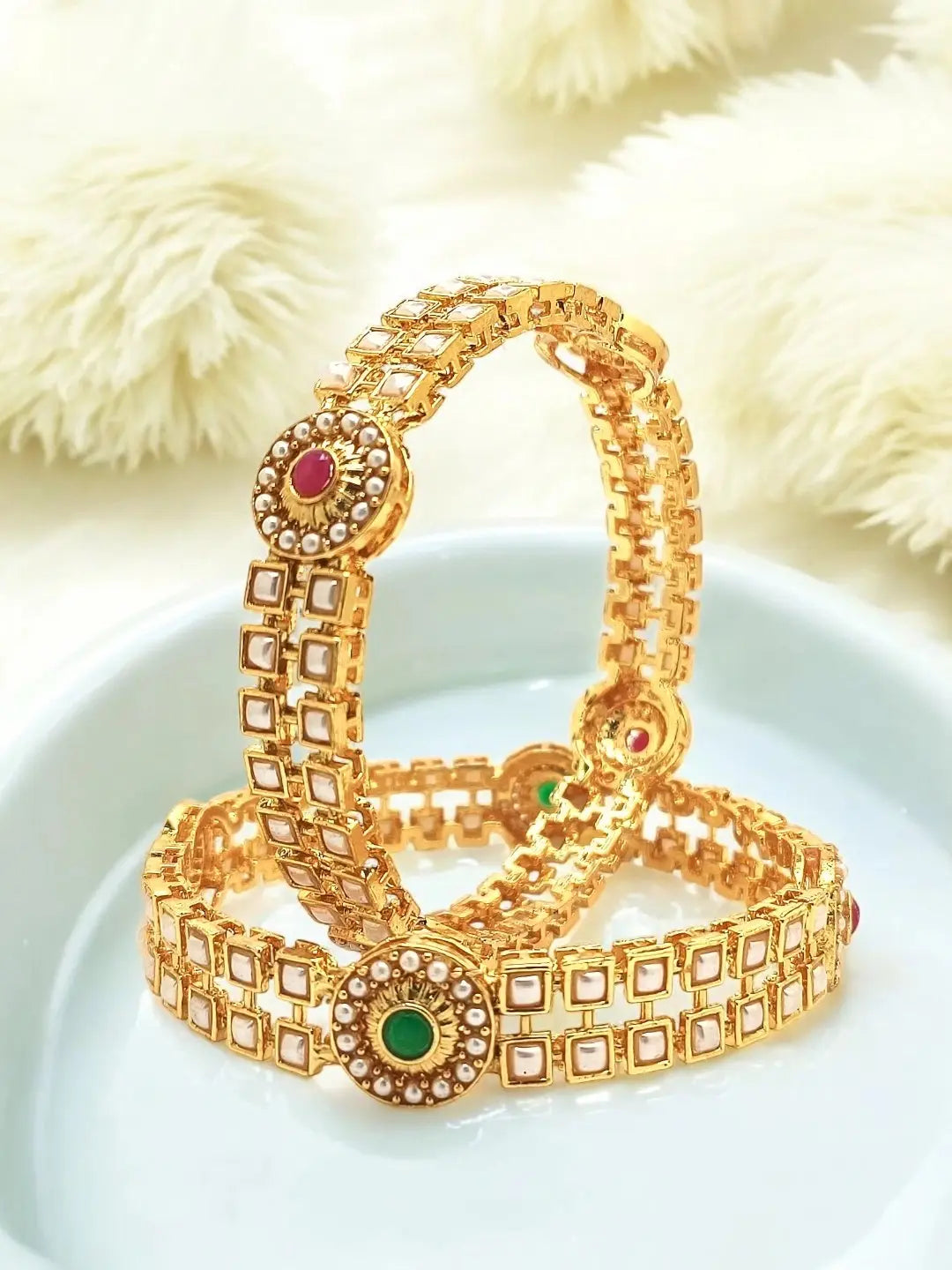 Set Of 2 Gold Plated Beads Studded Bangles Set
