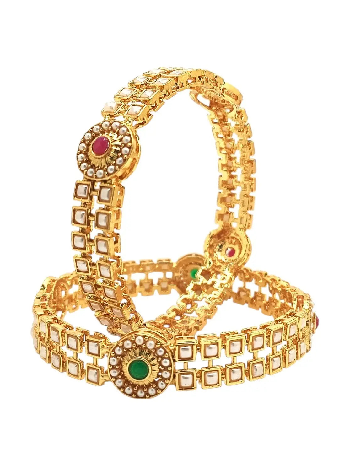 Set Of 2 Gold Plated Beads Studded Bangles Set