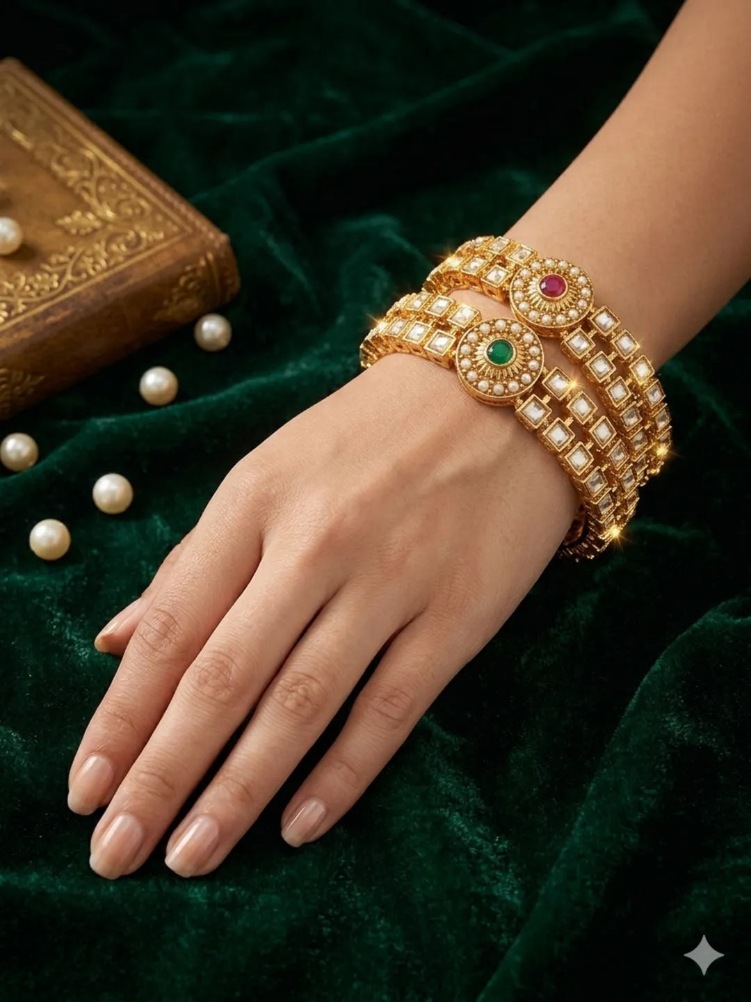 Set Of 2 Gold Plated Beads Studded Bangles Set