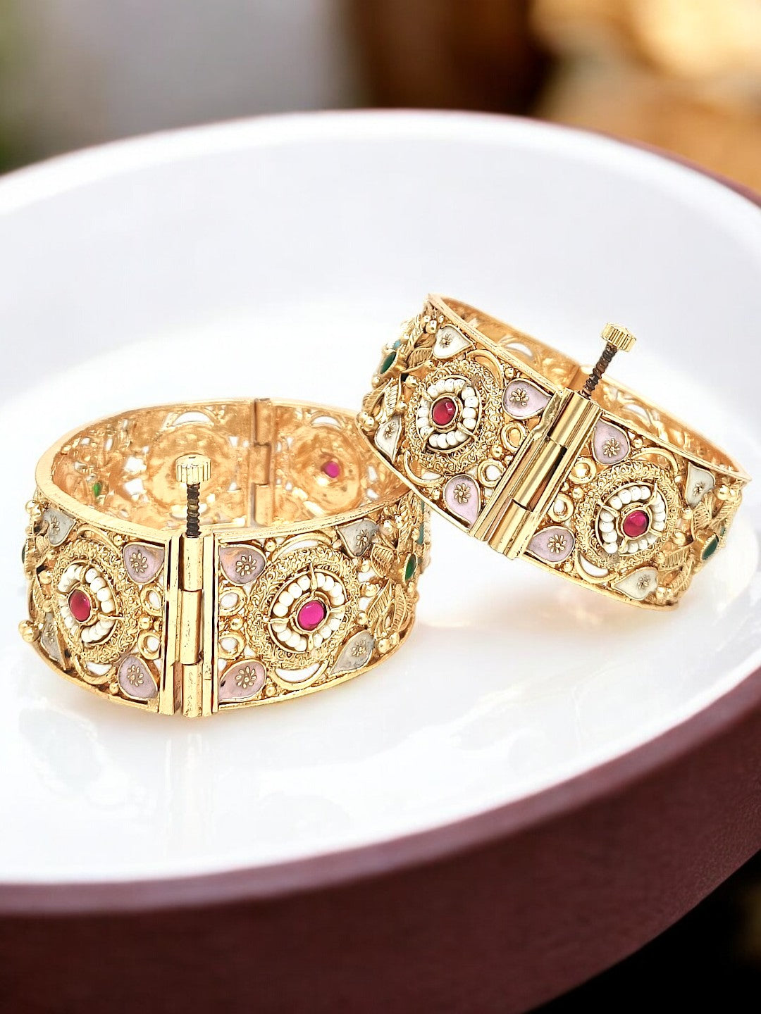 Set Of 2 Gold Plated Rajwadi Meenakari Screw Kada Bangles