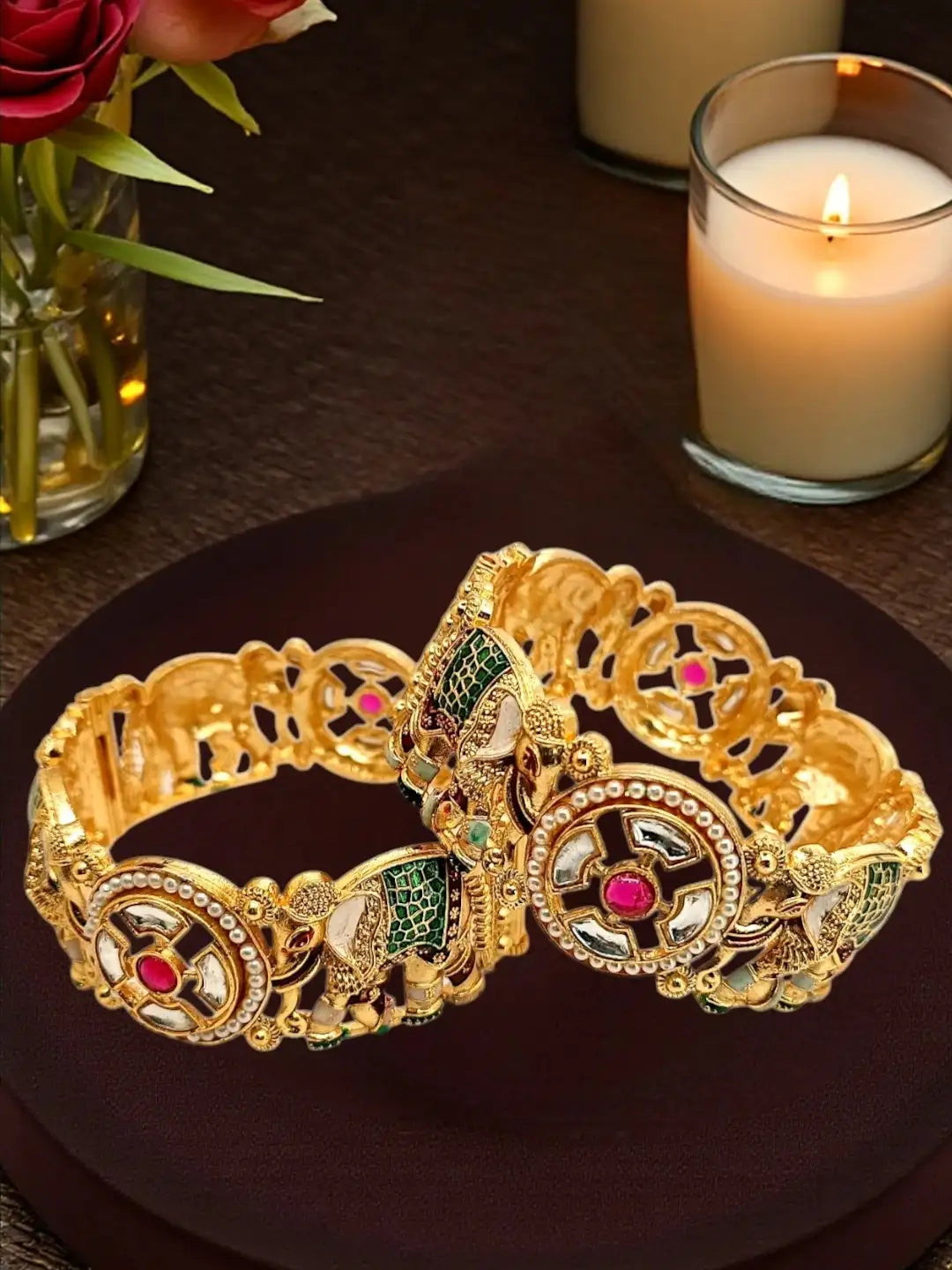Set Of 2 Kundan Elephant  Gold Plated Bridal Screw Kada Bangles