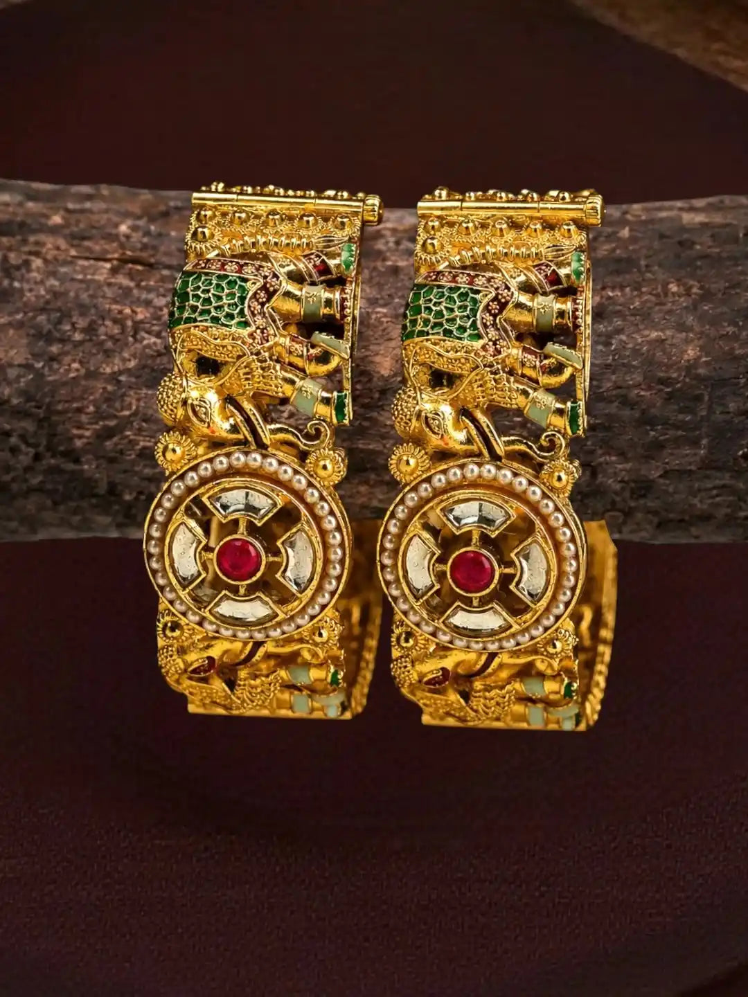 Set Of 2 Kundan Elephant  Gold Plated Bridal Screw Kada Bangles