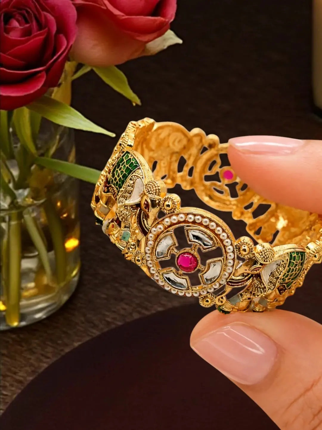 Set Of 2 Kundan Elephant  Gold Plated Bridal Screw Kada Bangles