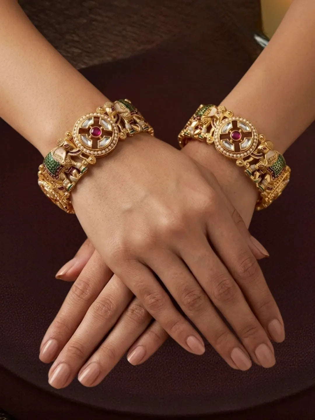 Set Of 2 Kundan Elephant  Gold Plated Bridal Screw Kada Bangles