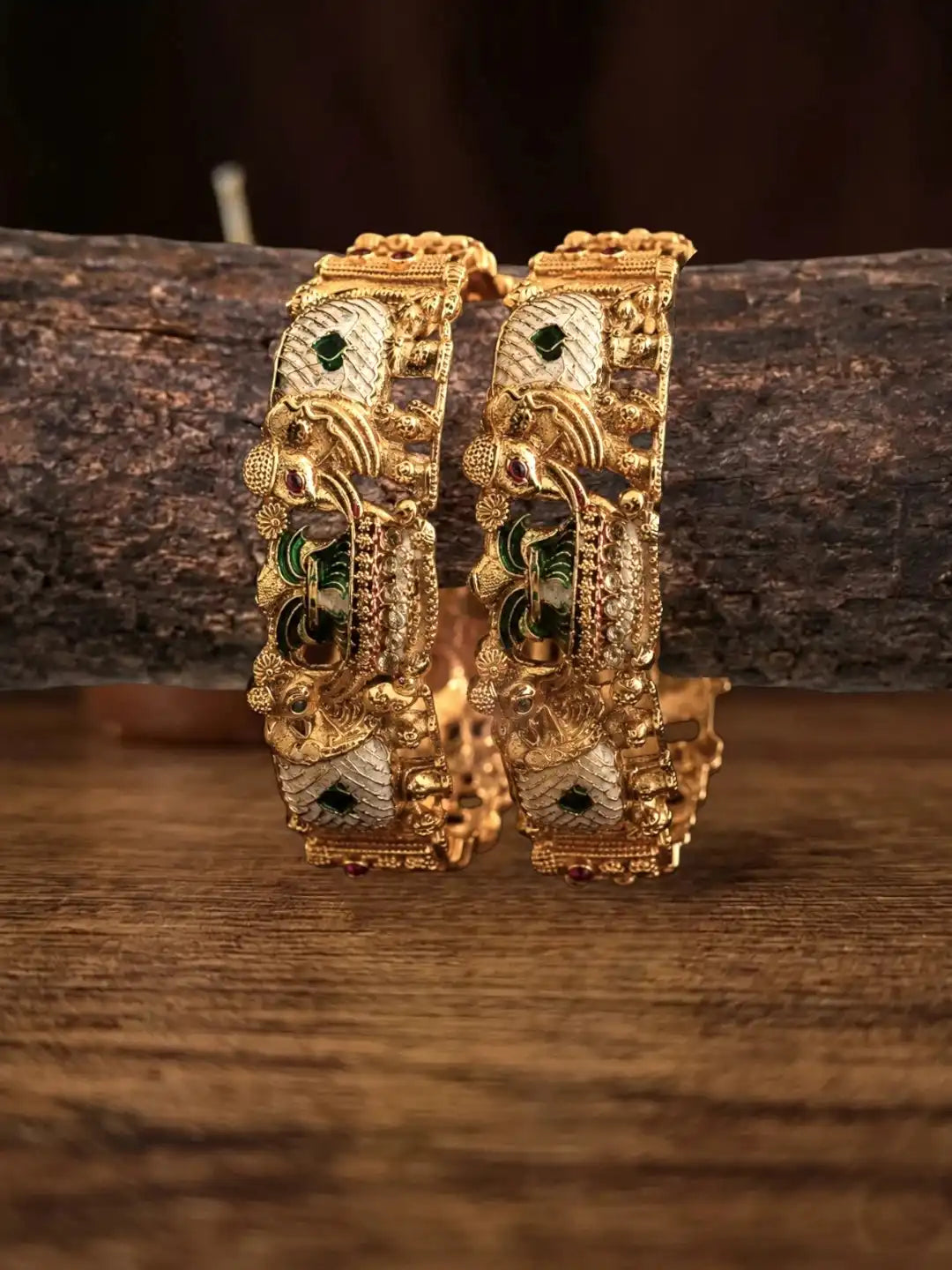 Set Of 2 Elephant Gold Plated Rajwadi Bridal Screw Kada Bangles