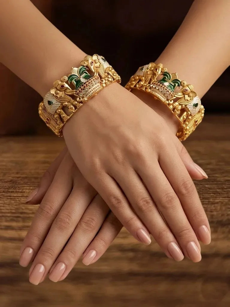 Set Of 2 Elephant Gold Plated Rajwadi Bridal Screw Kada Bangles