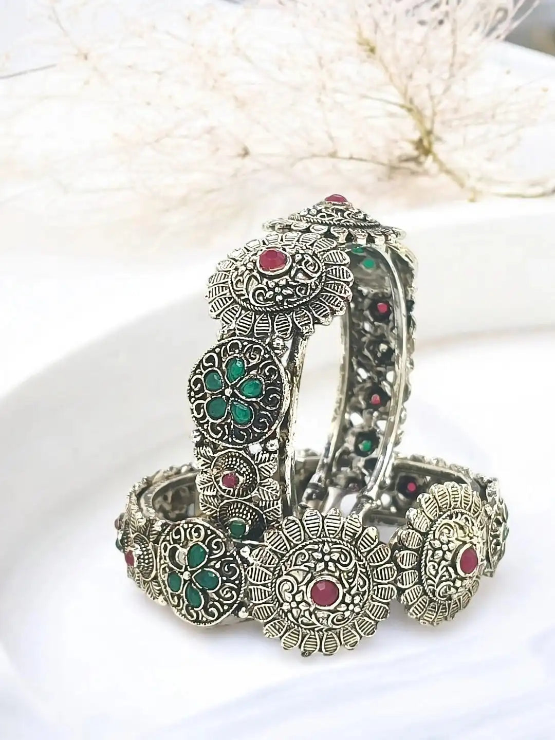 Set Of 2 Silver Oxidised Stone Studded Cuff Bracelet Bangles