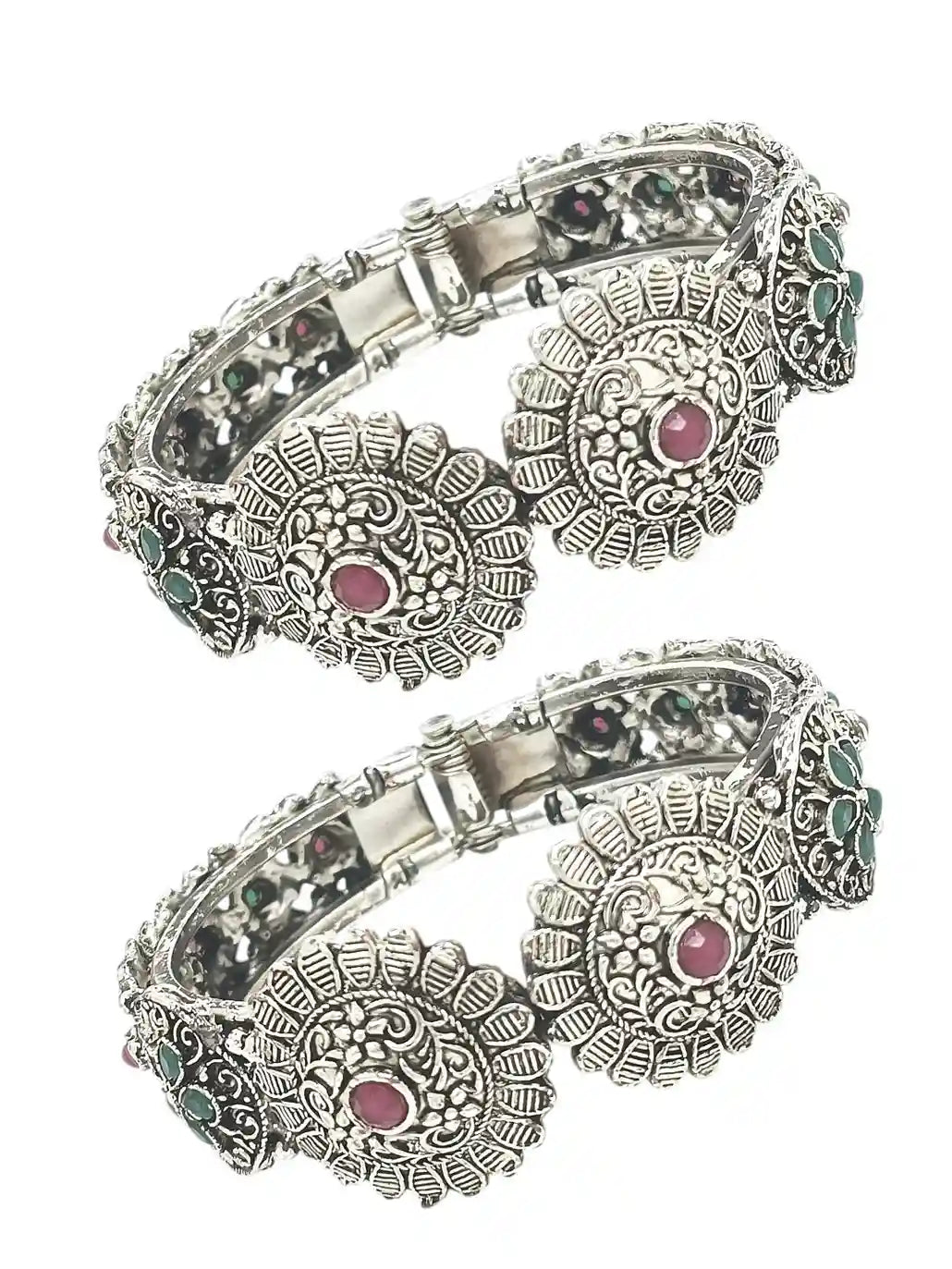 Set Of 2 Silver Oxidised Stone Studded Cuff Bracelet Bangles