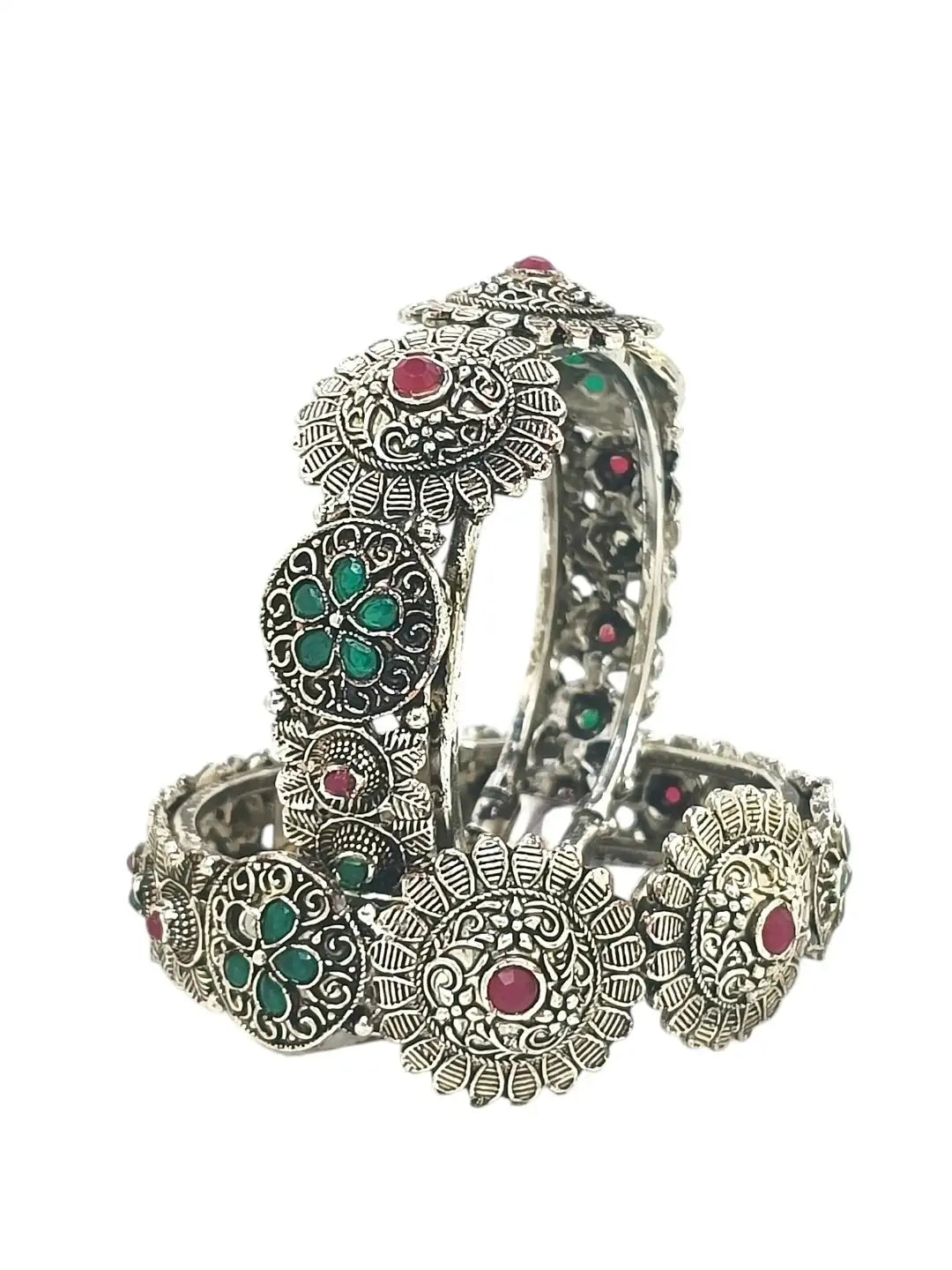 Set Of 2 Silver Oxidised Stone Studded Cuff Bracelet Bangles