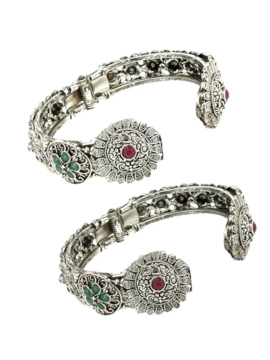 Set Of 2 Silver Oxidised Stone Studded Cuff Bracelet Bangles