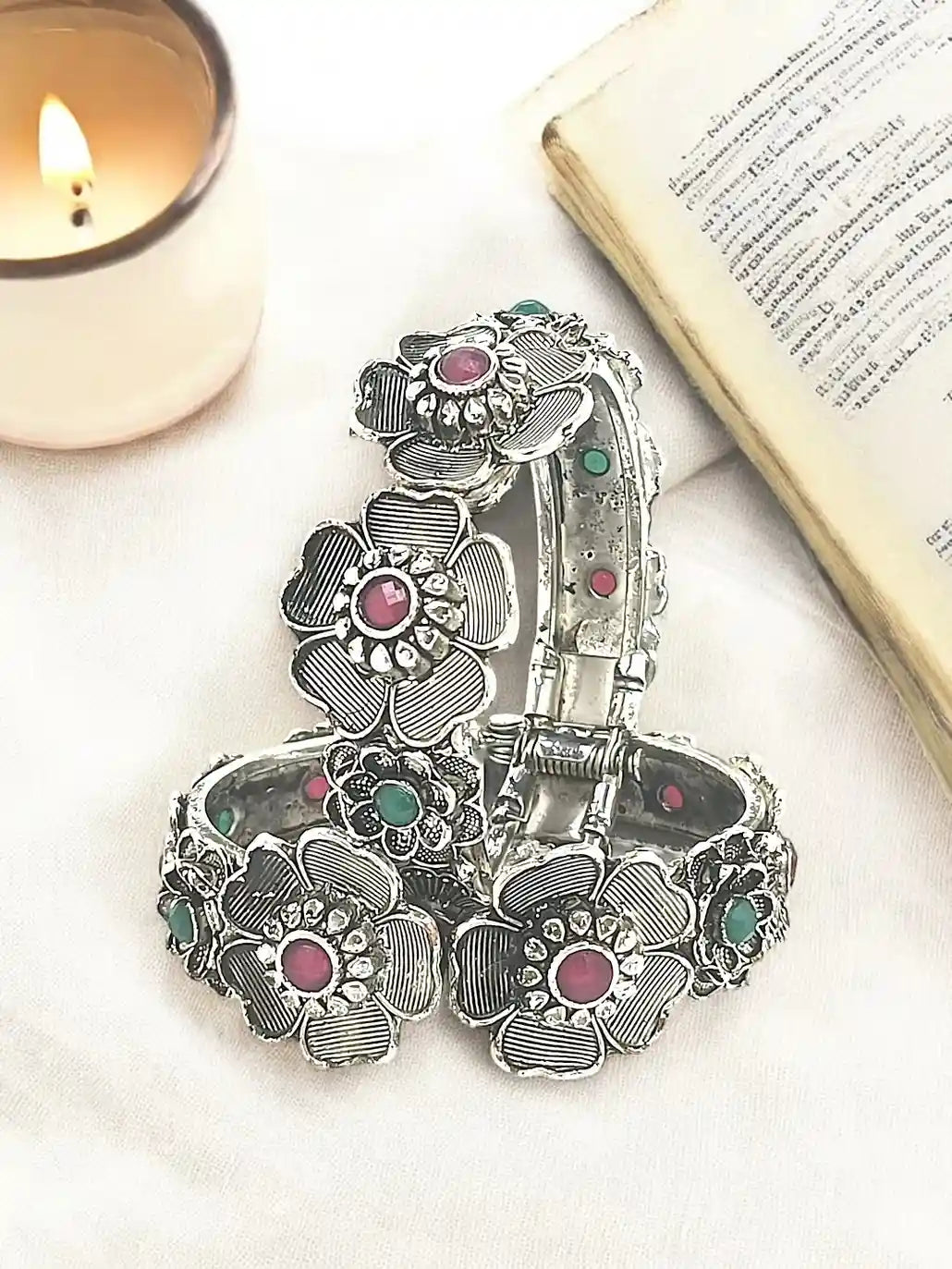 Set Of 2 Silver Oxidised Stone Studded Openable Cuff Bracelet Kada