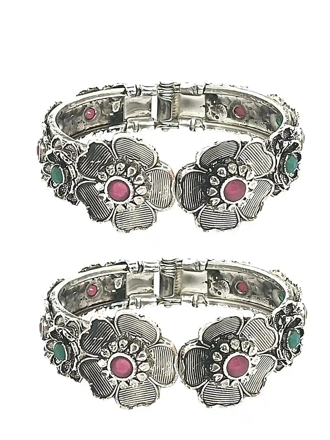 Set Of 2 Silver Oxidised Stone Studded Openable Cuff Bracelet Kada
