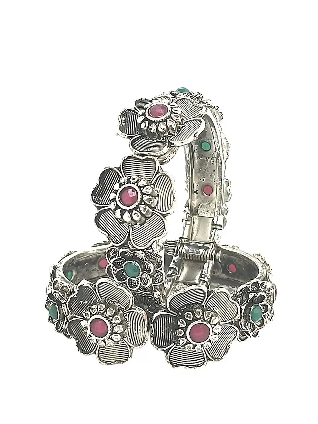 Set Of 2 Silver Oxidised Stone Studded Openable Cuff Bracelet Kada