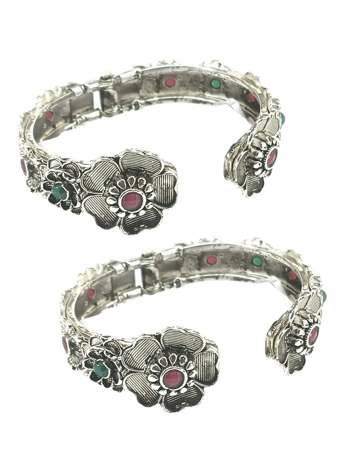 Set Of 2 Silver Oxidised Stone Studded Openable Cuff Bracelet Kada
