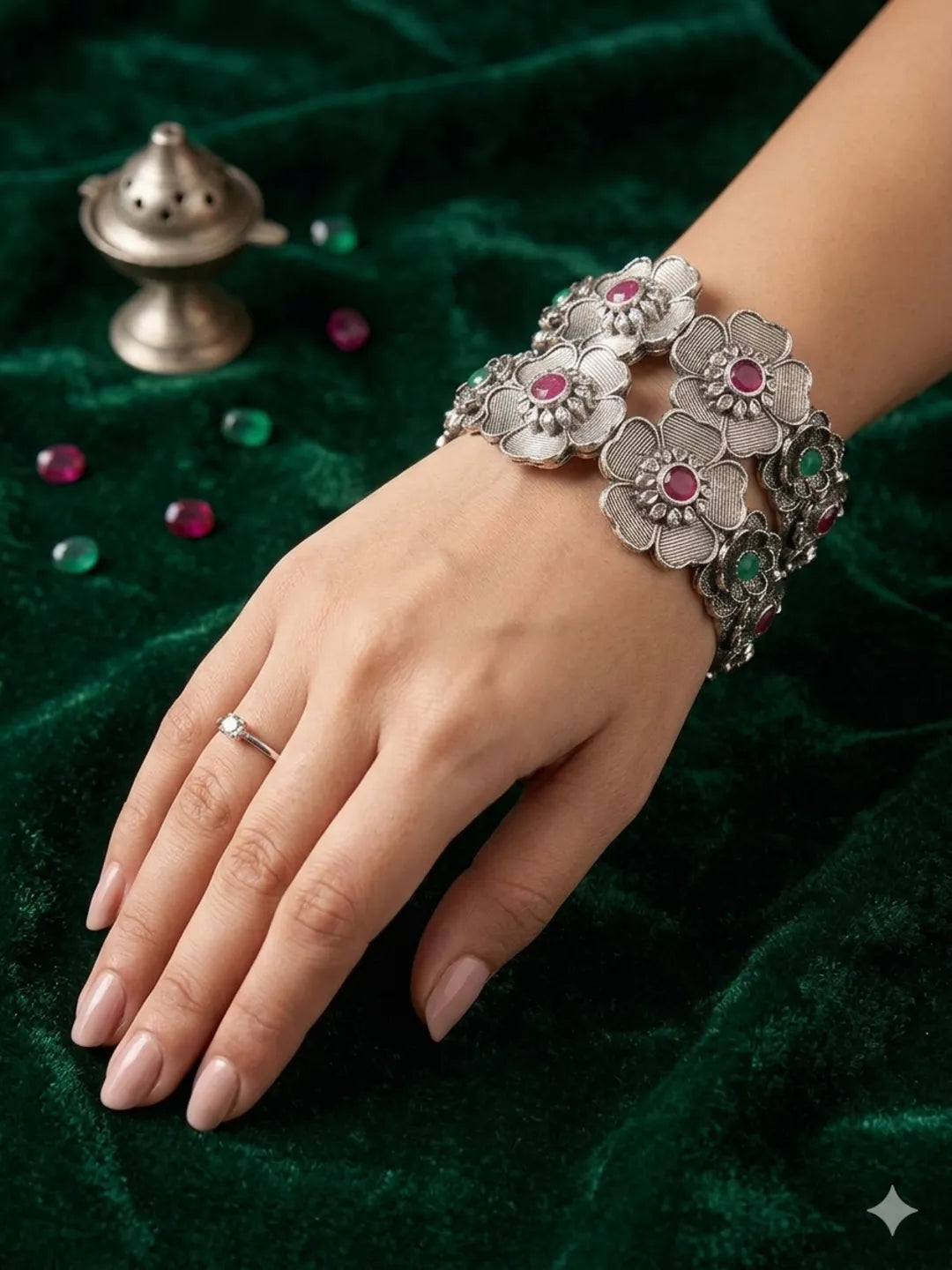 Set Of 2 Silver Oxidised Stone Studded Openable Cuff Bracelet Kada