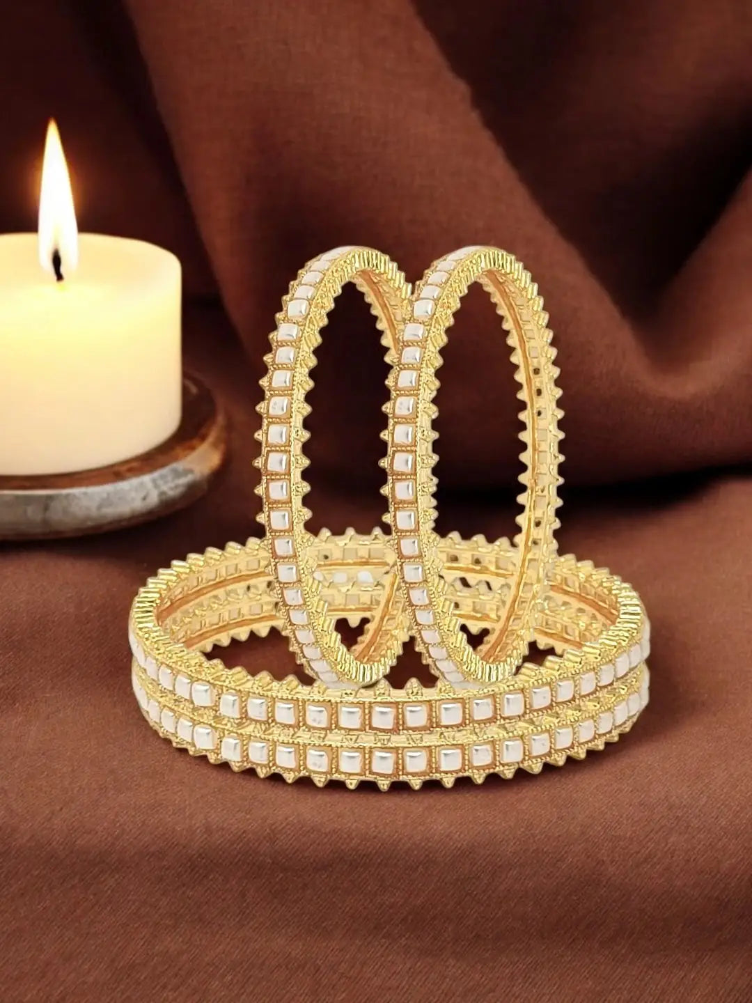 Set Of 4 Gold Plated White Beads Studded Bangles Set