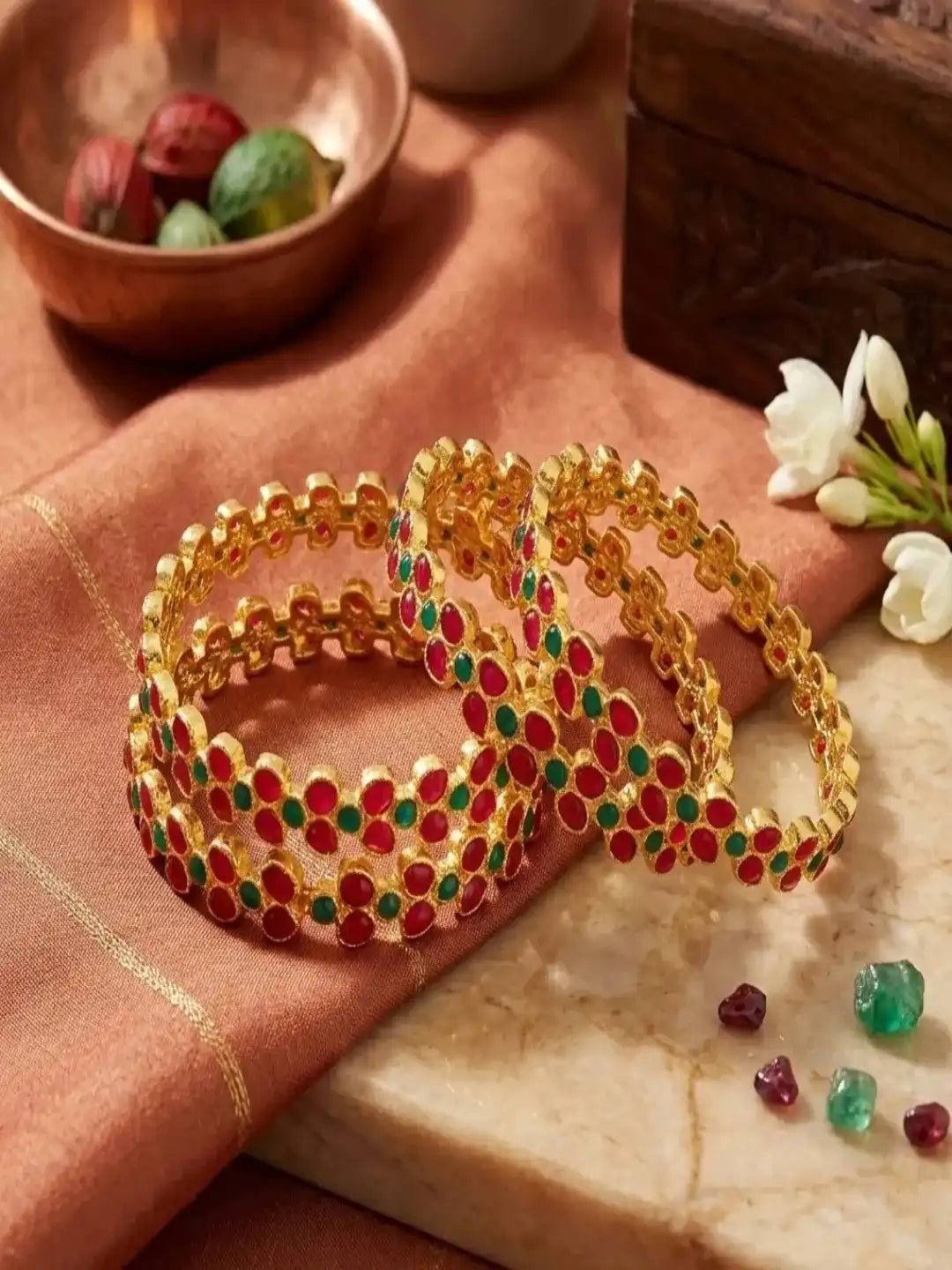 Traditional Floral Meenakari Gold Plated Multicolor Stud 4pc Kada Bangles