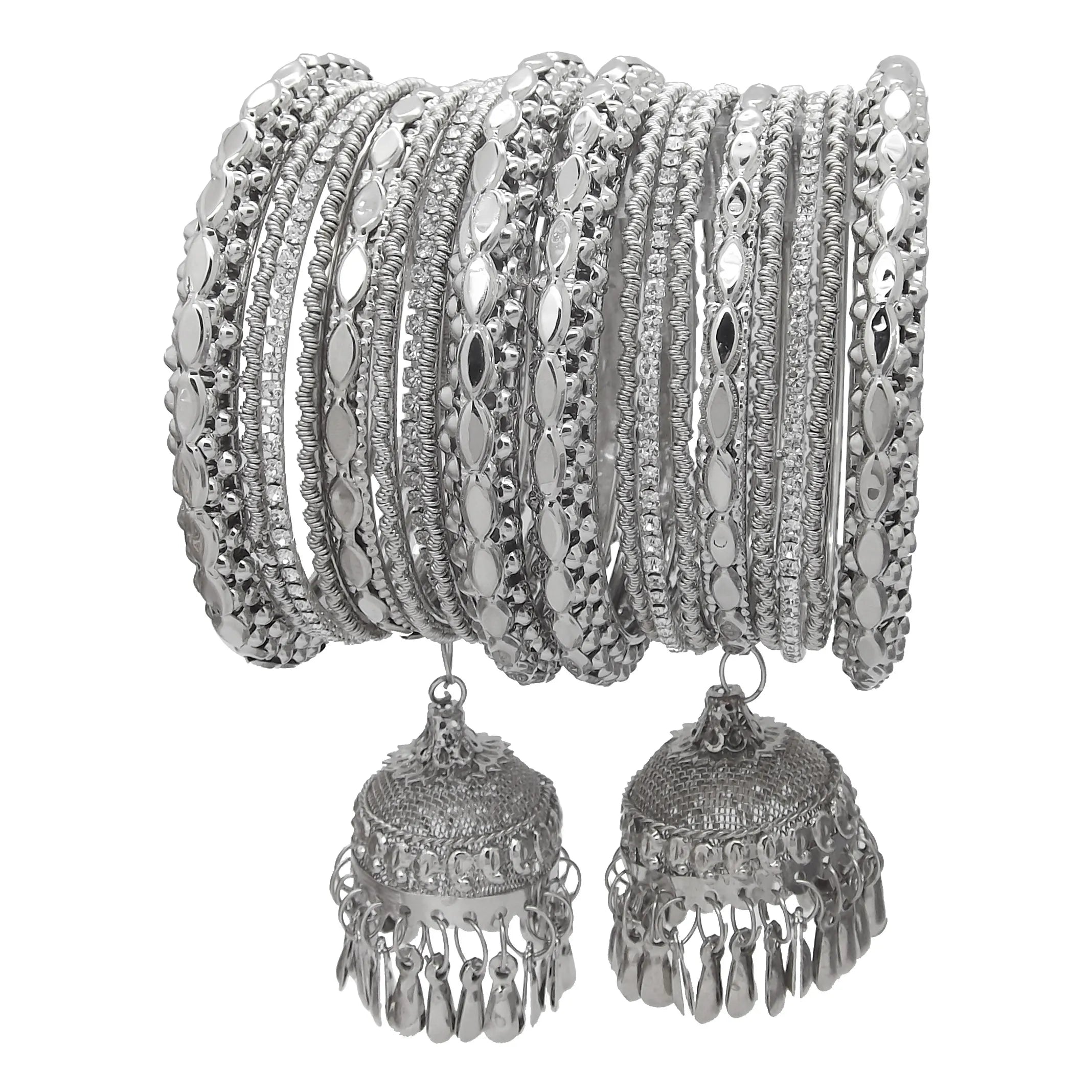 Set Of 18 Silver-Plated Latkan Kada Bangles