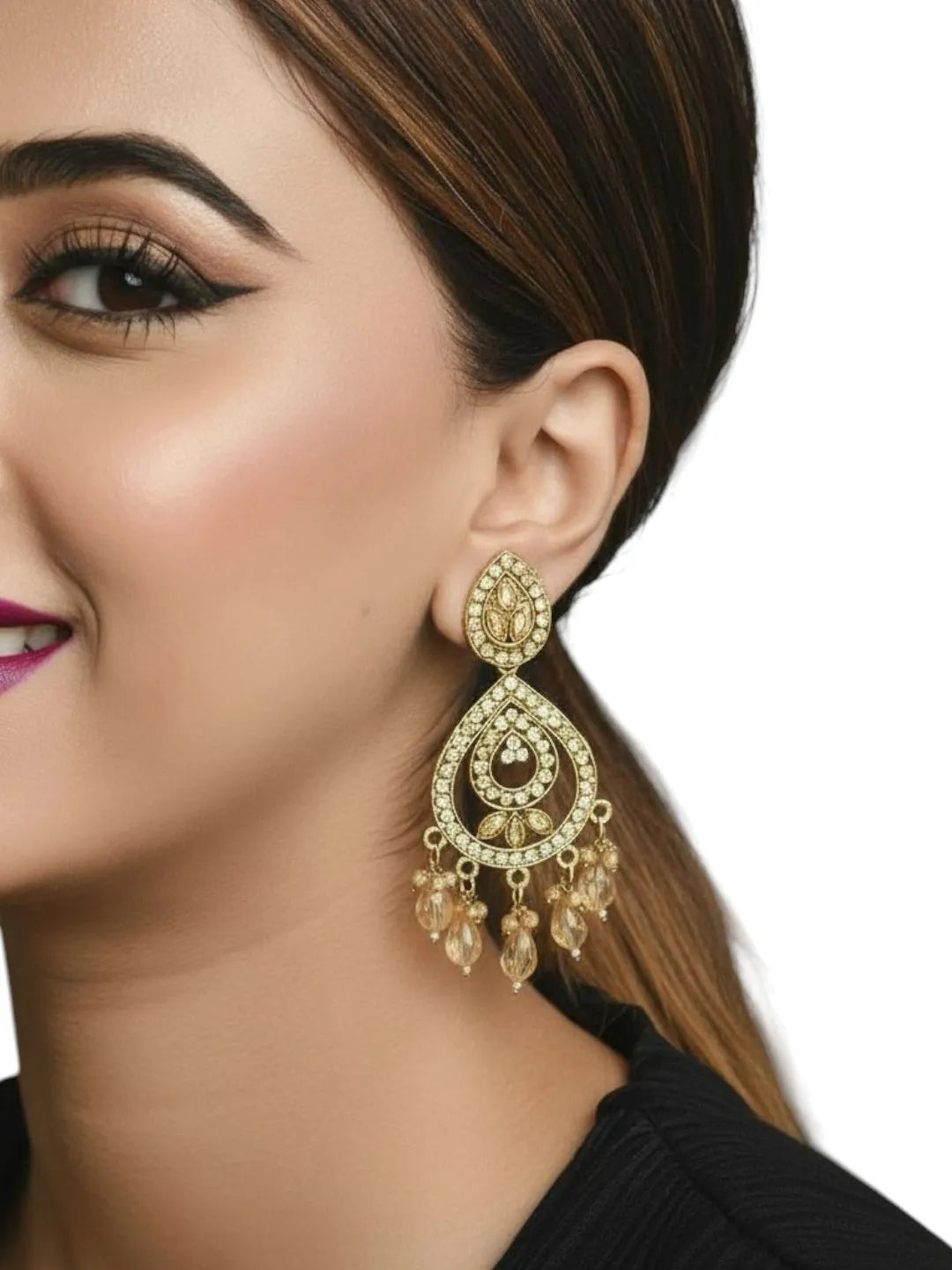 Gold Plated Shadow Stone Teardrop Earrings