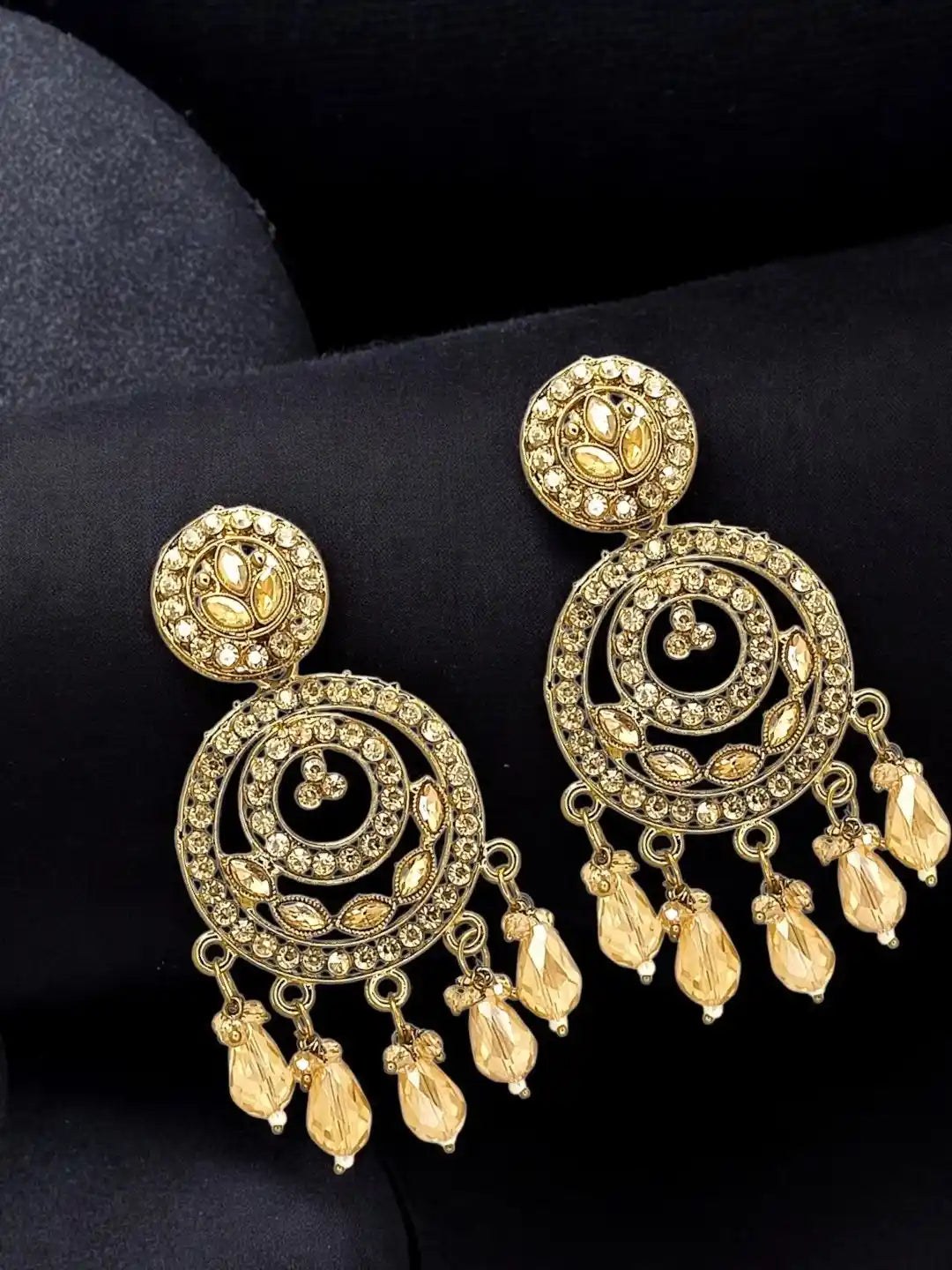Gold Plated Shadow Stone Chandbali Earrings