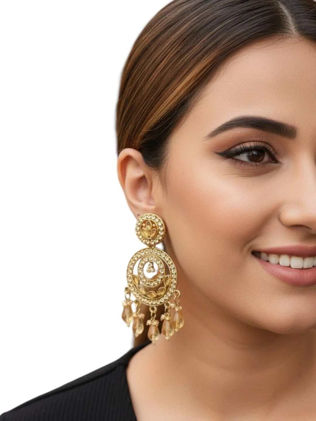 Gold Plated Shadow Stone Chandbali Earrings