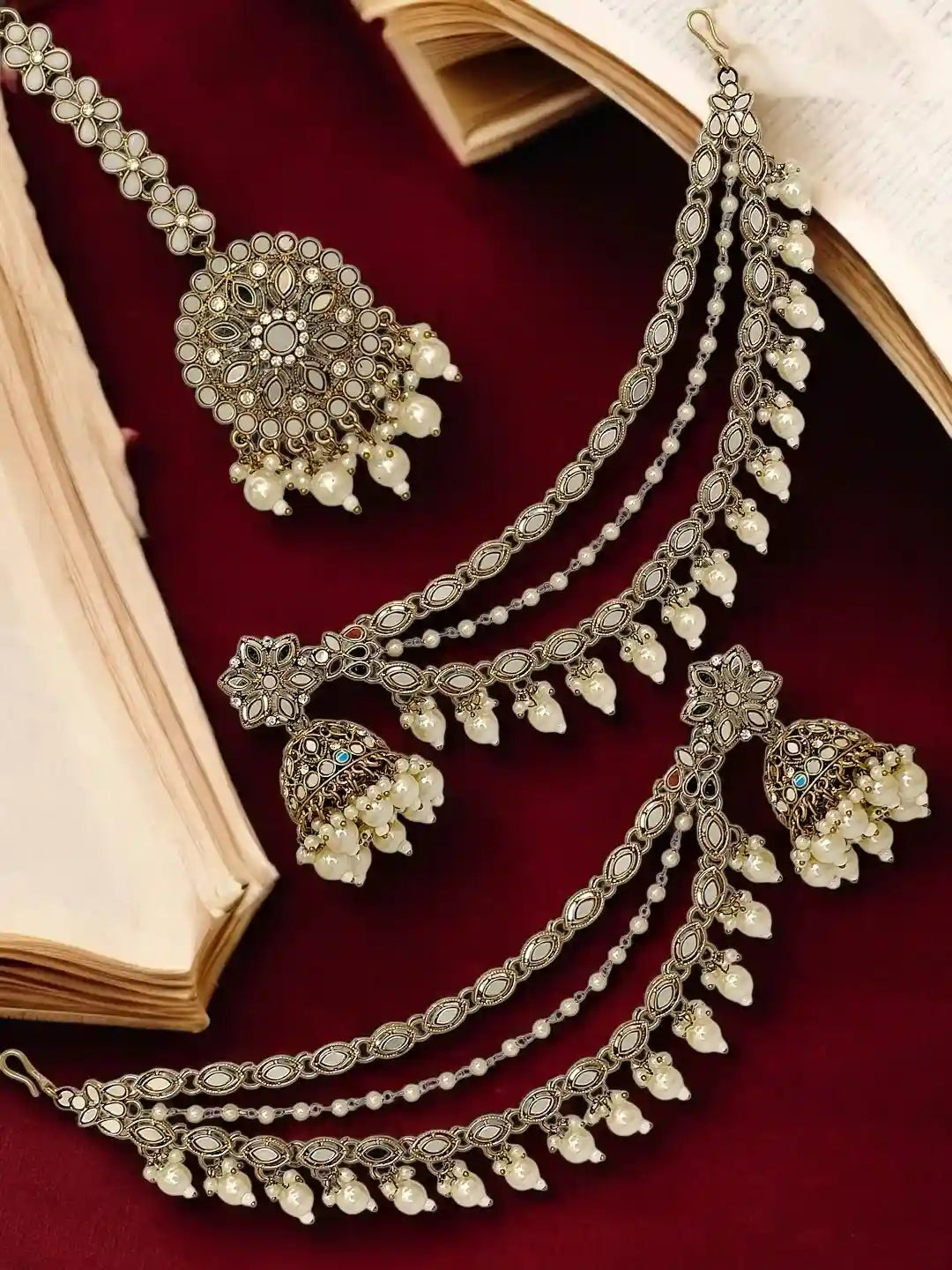 Antique Gold Plated Bahubali Mirror Jhumka Earring Set
