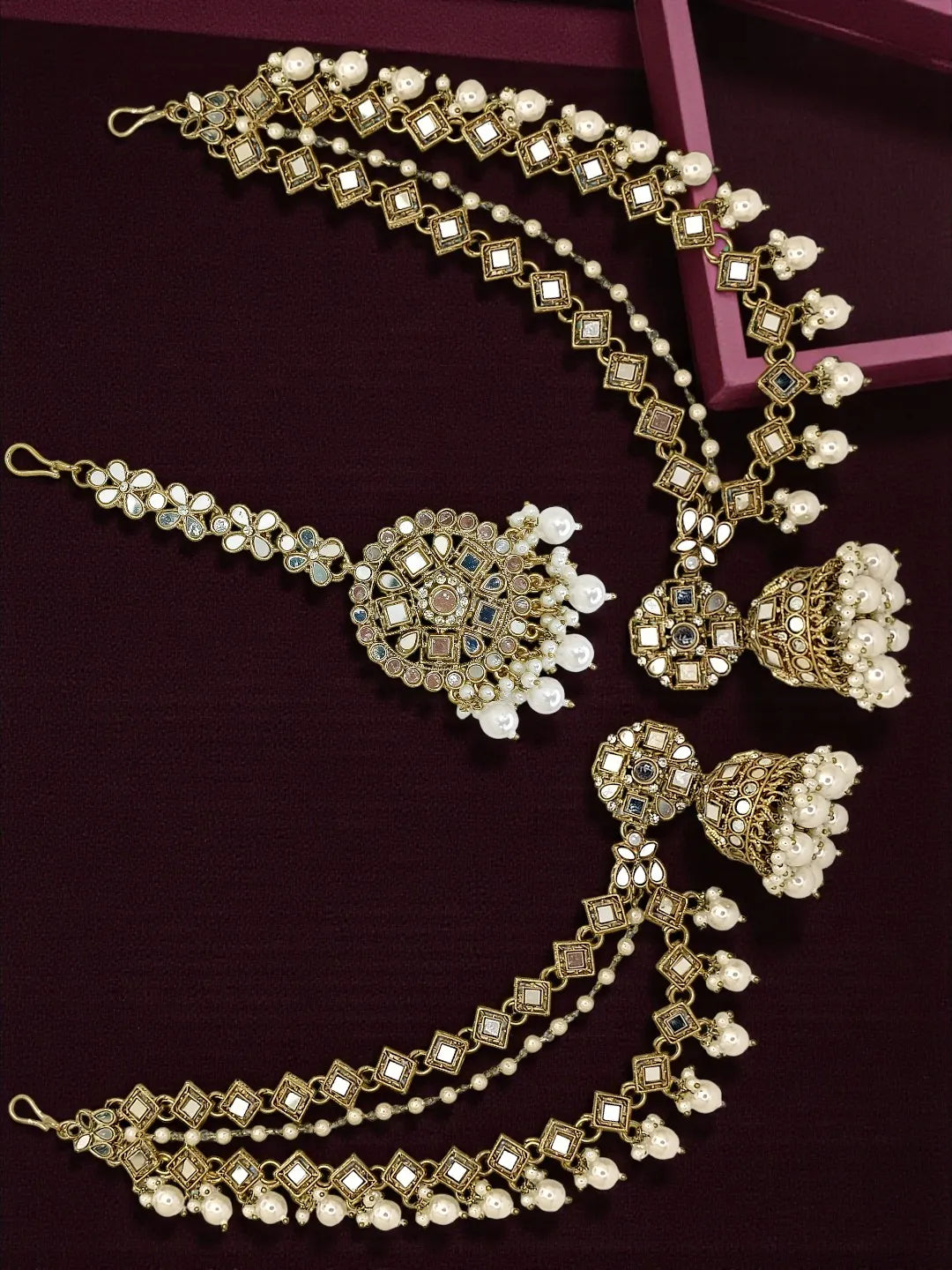 Antique Gold Plated Bahubali Mirrors Jhumka Earring Set