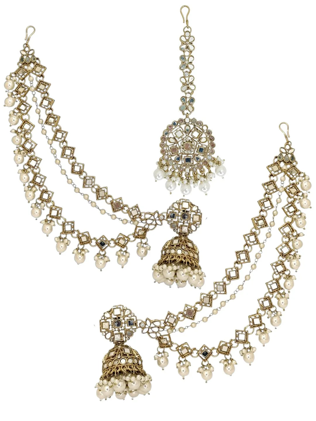 Antique Gold Plated Bahubali Mirrors Jhumka Earring Set