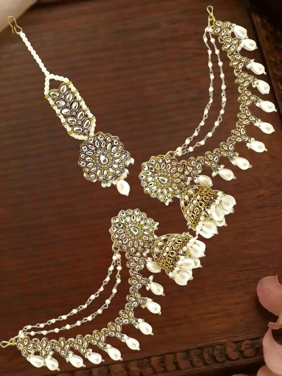 Antique Gold Plated Kundan Bahubali Jhumka Earrings Set