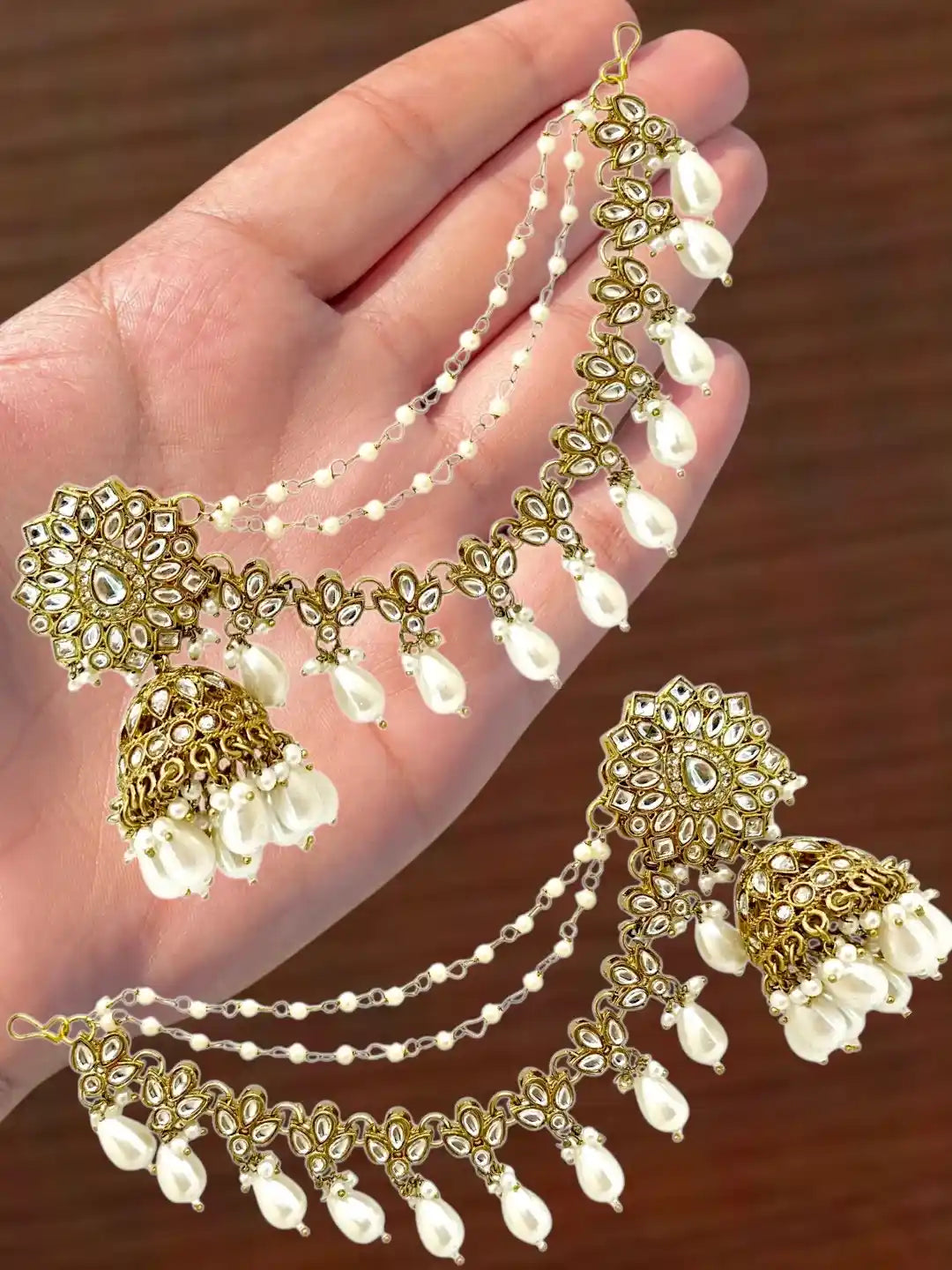 Antique Gold Plated Kundan Bahubali Jhumka Earrings Set