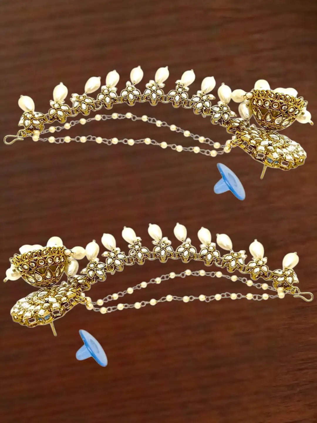 Antique Gold Plated Kundan Bahubali Jhumka Earrings Set