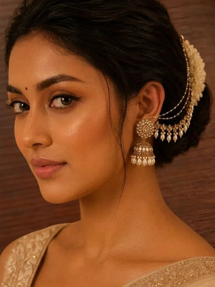Antique Gold Plated Kundan Bahubali Jhumka Earrings Set