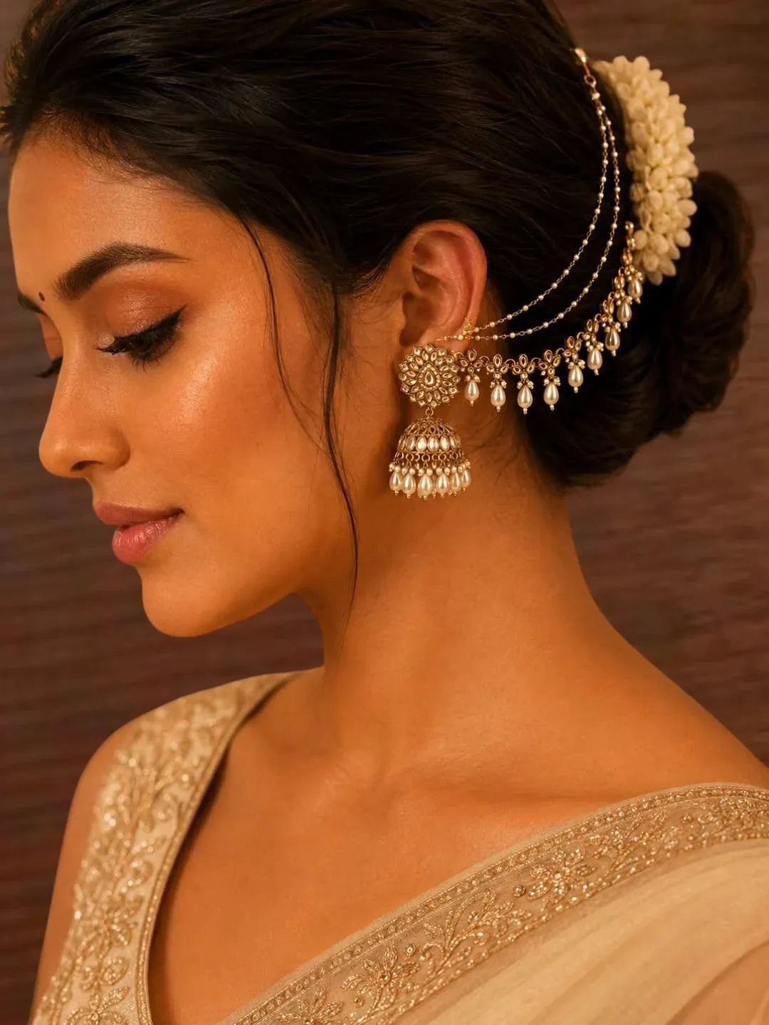 Antique Gold Plated Kundan Bahubali Jhumka Earrings Set