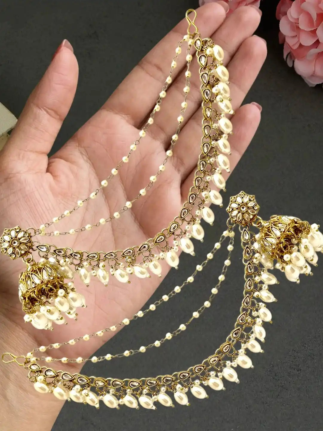 Antique Gold Plated Traditional Kundan Bahubali Jhumka Earrings