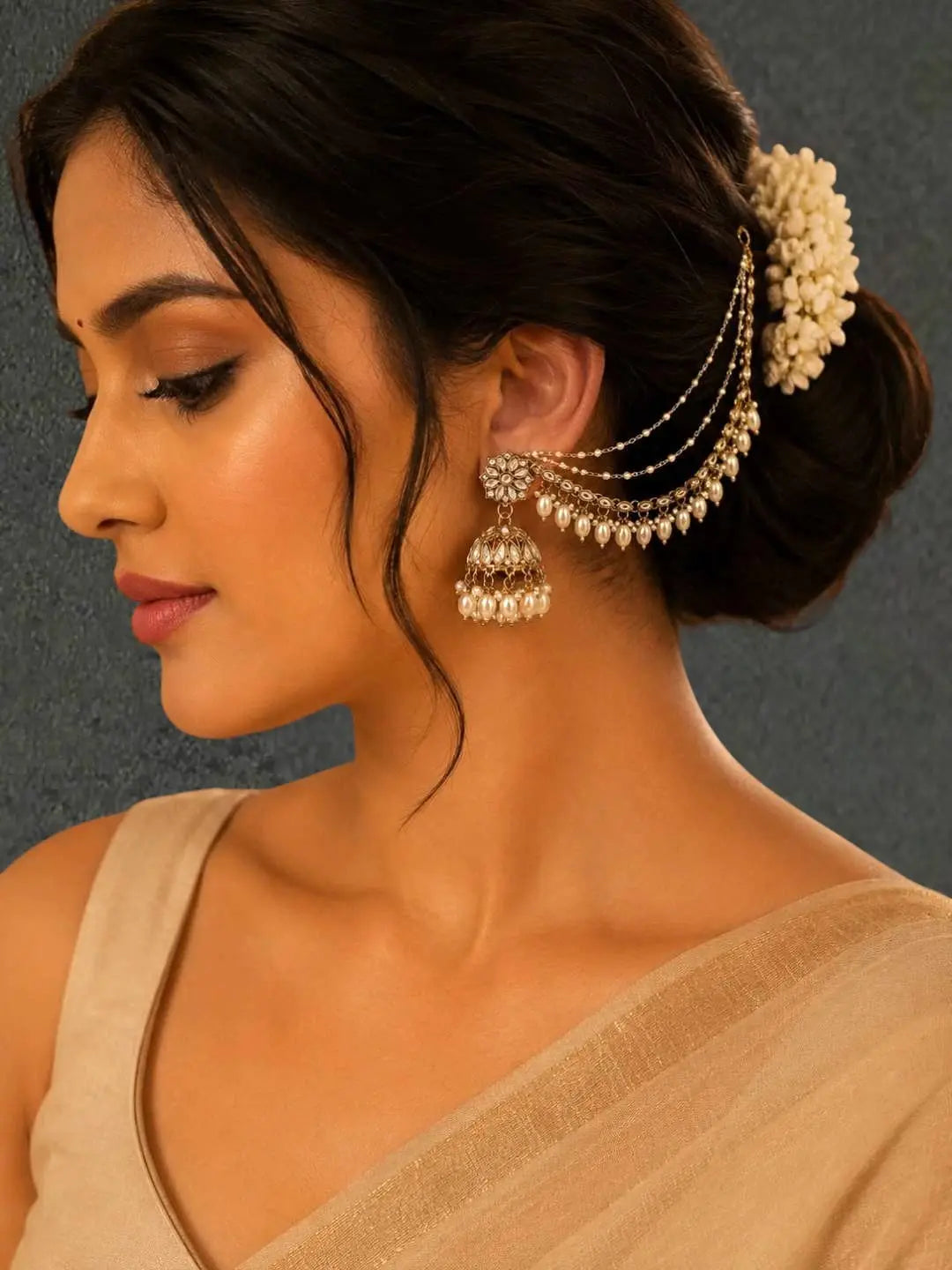 Antique Gold Plated Traditional Kundan Bahubali Jhumka Earrings