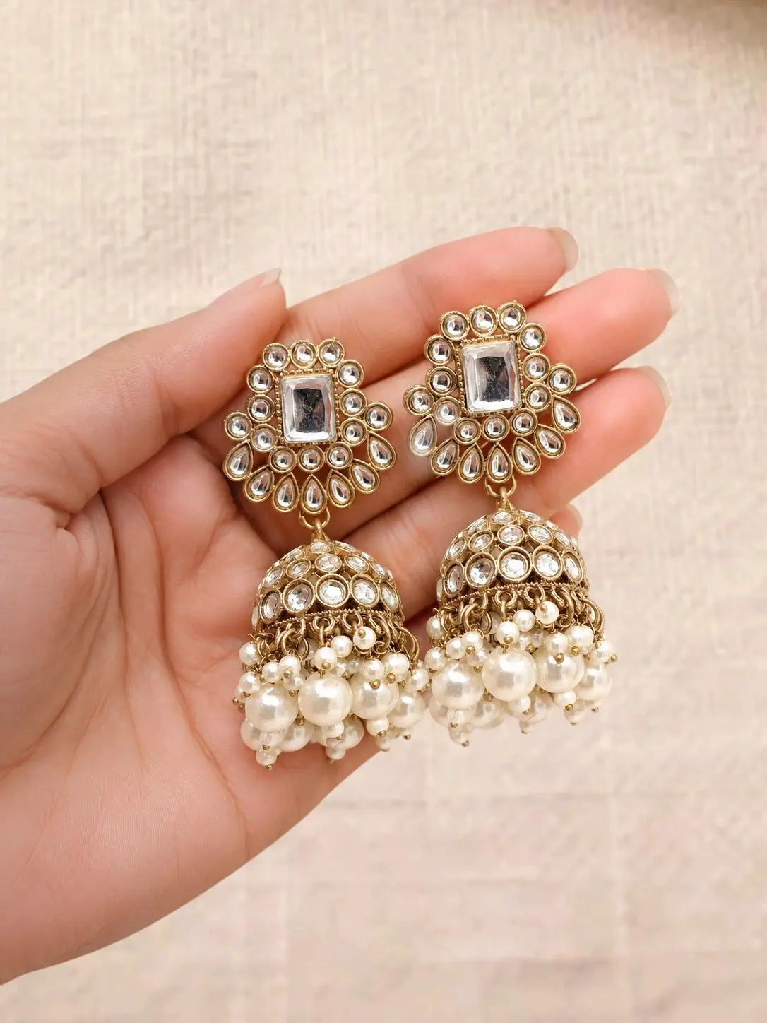 Antique Gold Plated Kundan Dome Jhumka Earrings