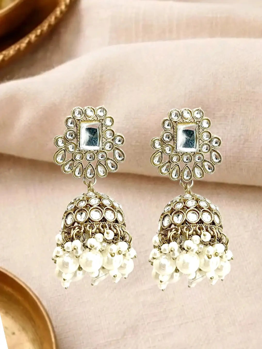 Antique Gold Plated Kundan Dome Jhumka Earrings