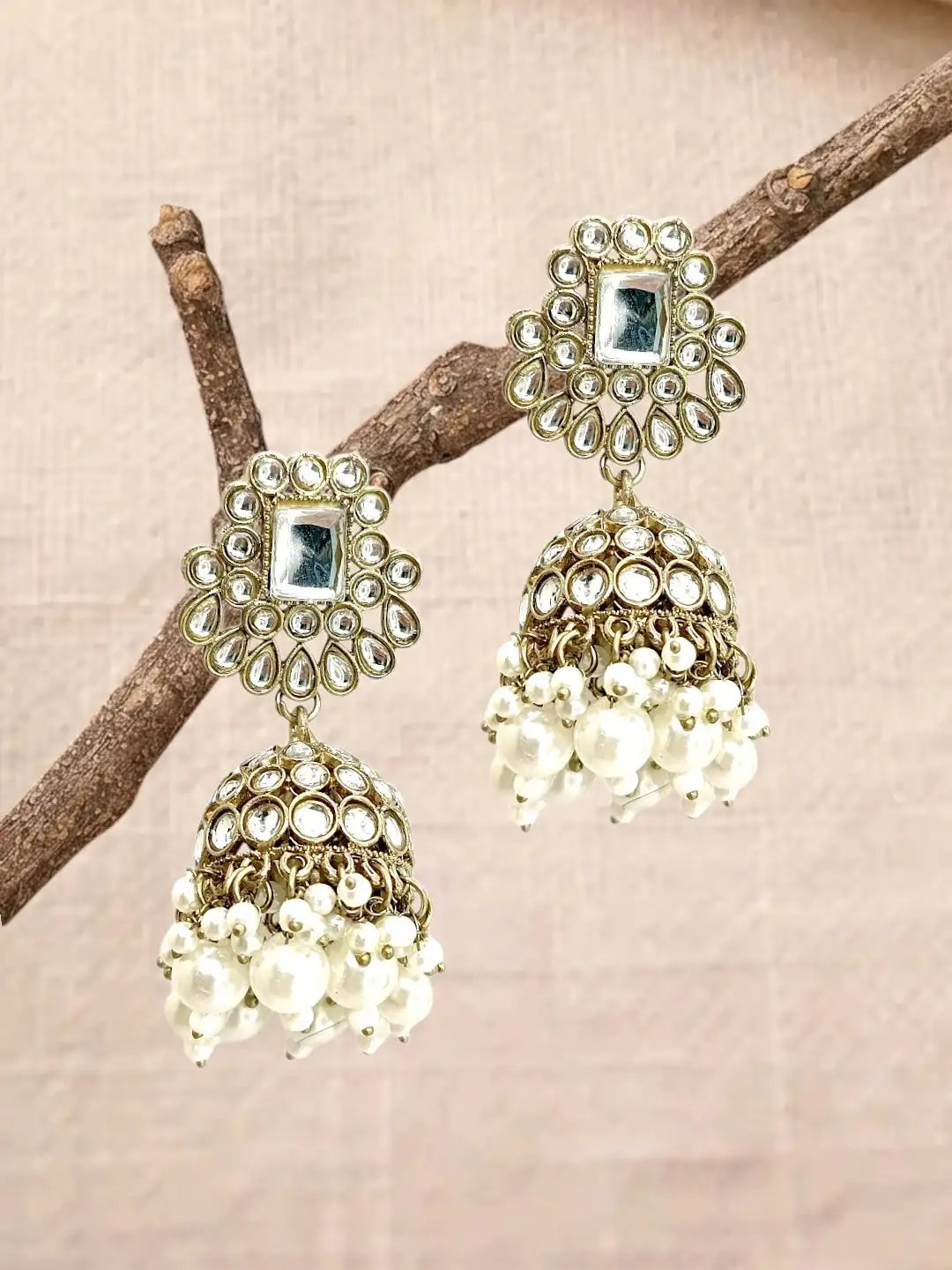 Antique Gold Plated Kundan Dome Jhumka Earrings