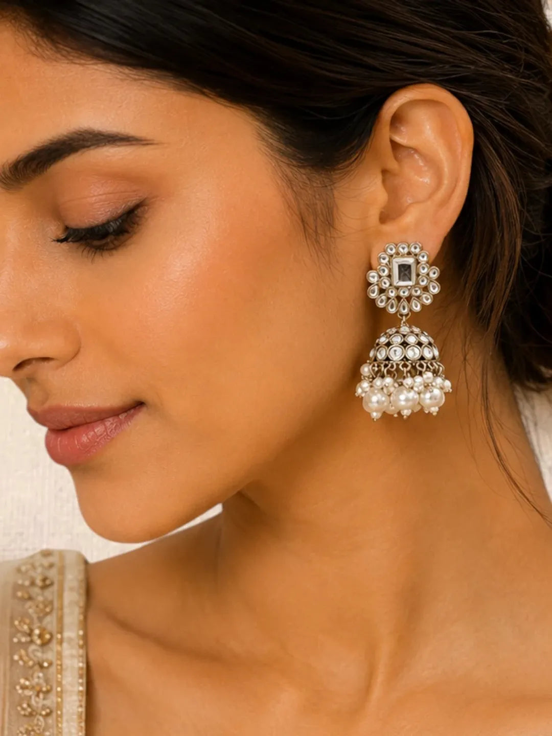 Antique Gold Plated Kundan Dome Jhumka Earrings