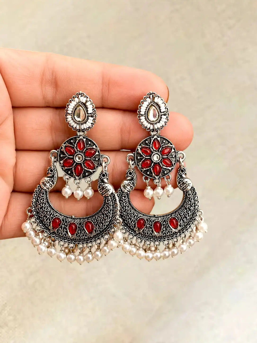 Silver Oxidised Chandbali Earrings